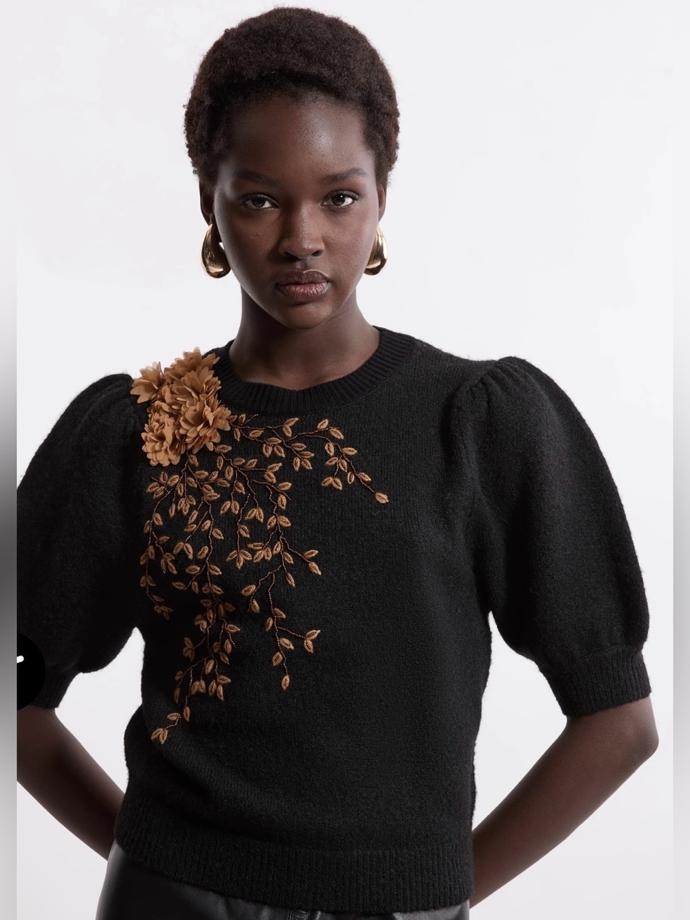 Karen Millen Flower & Beaded Black Puff Sleeve Knit Tee - S